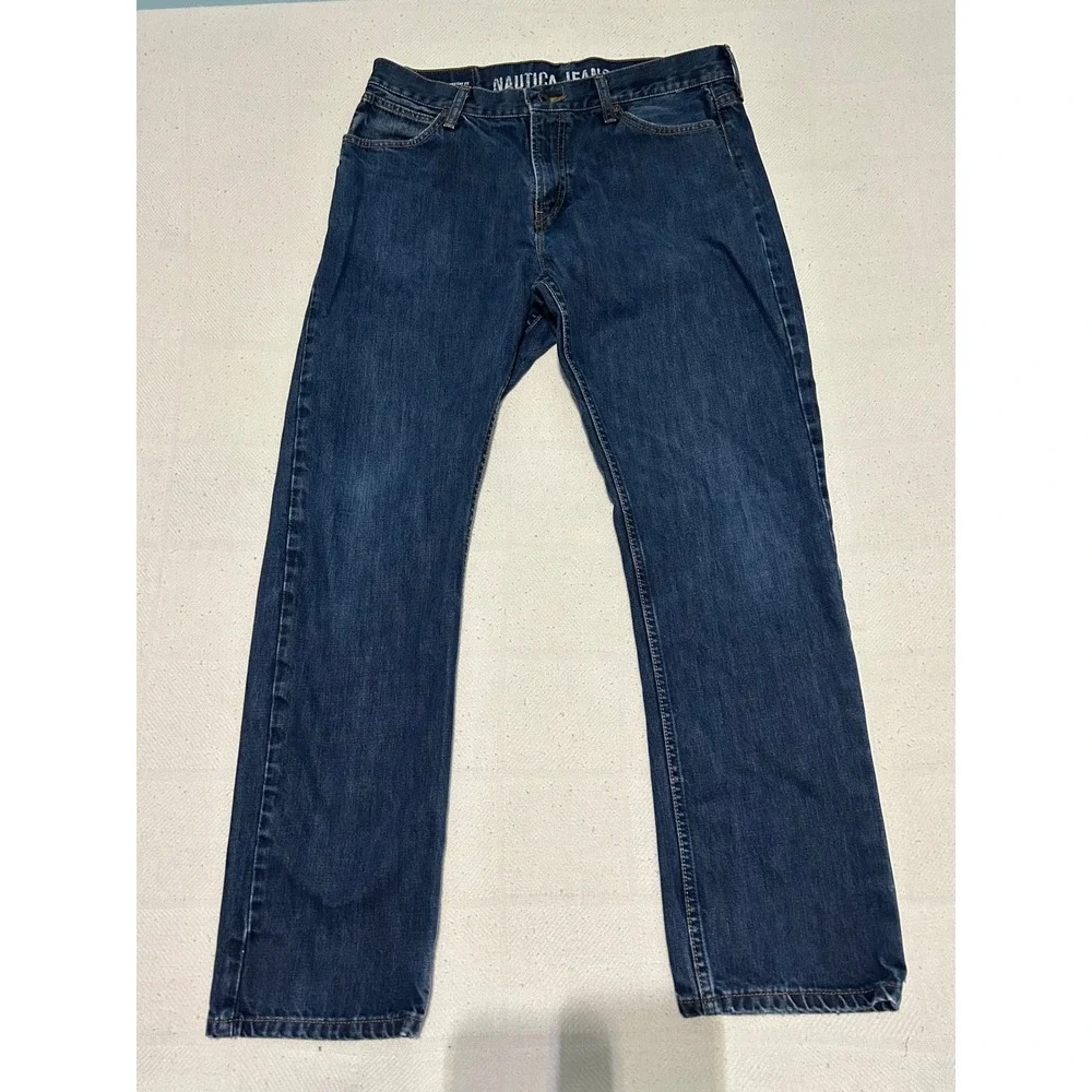 Nautica Jeans Co Mens 34x32 Straight Fit Dark Wash Blue Denim Jeans 1P3034M